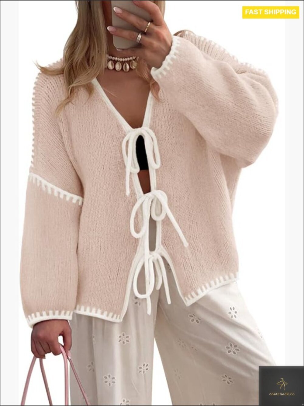 Oversized Color Block Knit Cardigan Tie Front Long Sleeve Winter Cozy Sweater